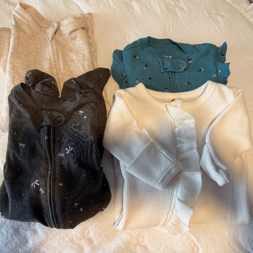 4 baby onesies- footies and mittens